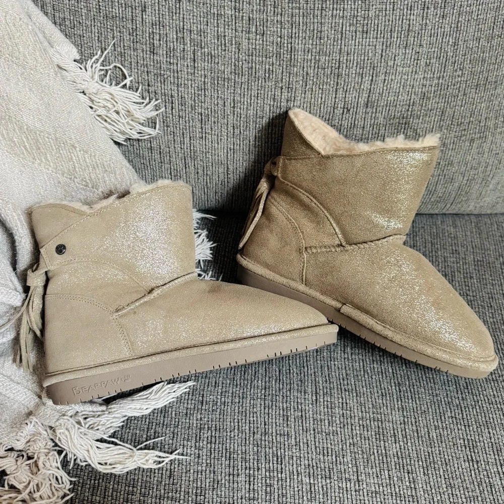 BearPaw Mia Snow Booth Youth Sz 5 Pewter Tan Gold Sparkles Sherpa Lined Tassels